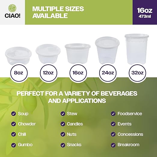 CIAO! 16oz PP Injection Molded Soup-Deli Container with LLDPE Lid, Microwavable and BPA Free (240/240 combo pack)