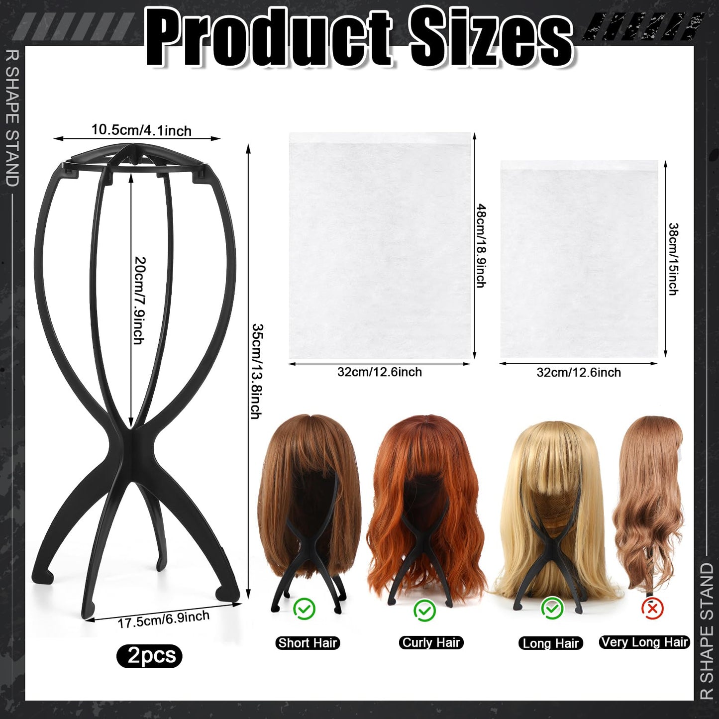 ProSuites 2 Pack Wig Stand with 2Pcs Wig Dust Bag, Travel Wig Head Stand Holder for Women Multiple Wigs Styling, Black, Hair Len