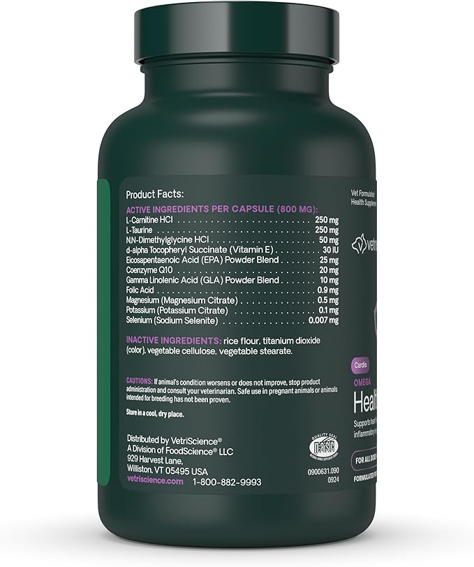 VetriScience Omega Healthy Heart Easy-Open Capsules, Cardio Strength Taurine and Omega-3 Supplement for Dogs & Cats, Heart Support Supplement, 90 Count