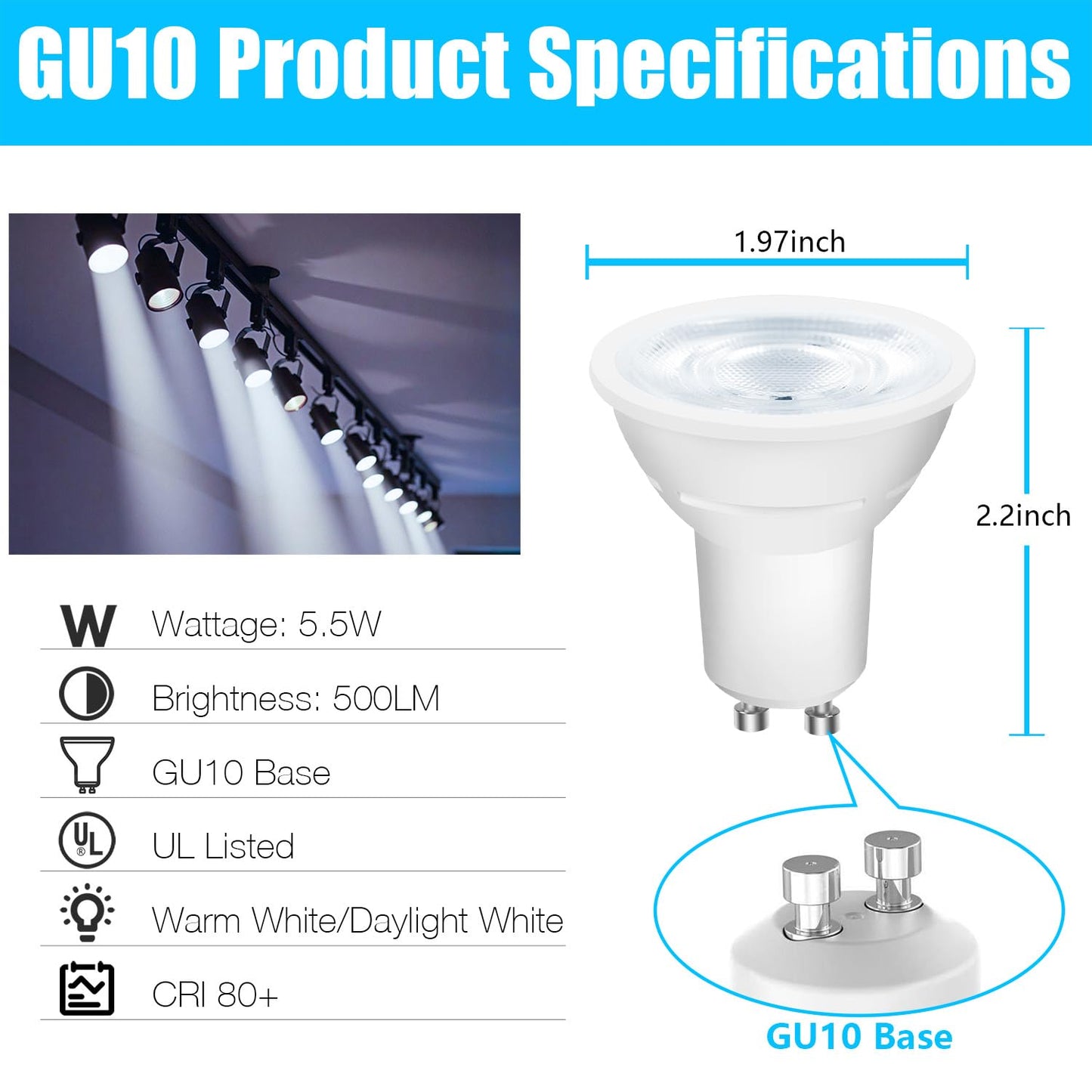 DAYBETTER GU10 LED Light Bulbs, 5.5W Equivalent, 5000K Daylight White, Dimmable, 24 Pack, MR16 for Kitchen and Living Room