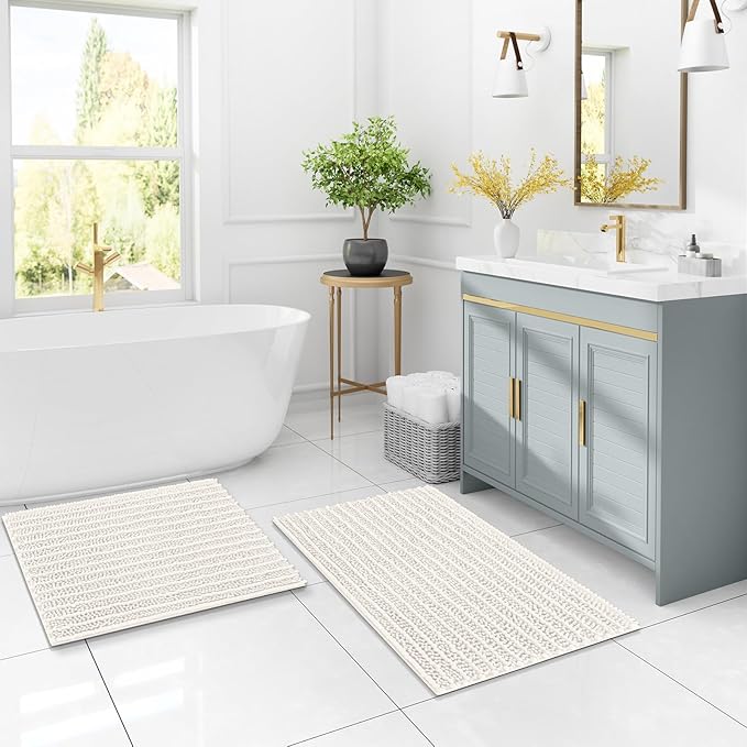 Arotive Luxury Chenille Bathroom Rug Mat, Extra Soft Thick Absorbent Shaggy Bath Rugs, Non-Slip Machine Wash Dry, Plush Bath Mats for Bathroom, Shower and Tub, 47x24, Ivory
