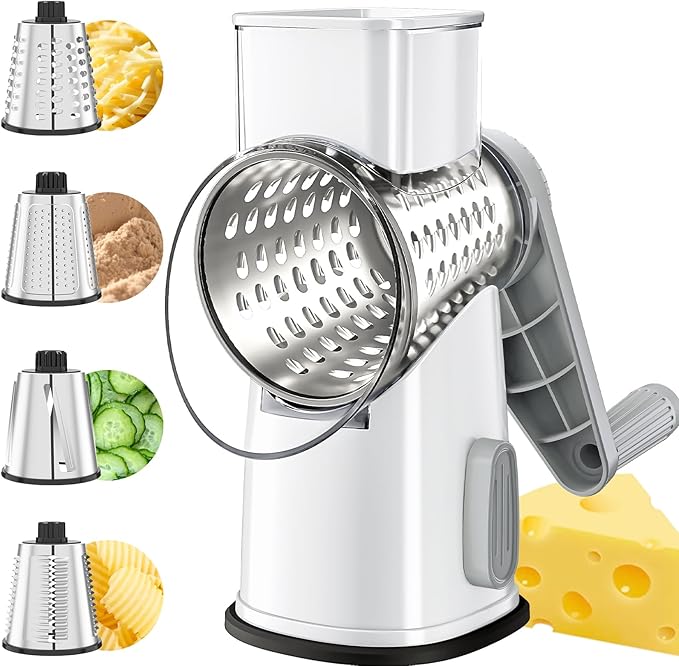 VEKAYA Cheese Grater, Cheese Grater Hand Crank, 4 Interchangeable Blades Cheese Shredder, Vegetable Slicer, Non-slip Suction Base, Easy to Clean Rotary Grater with Handle (White Grey)