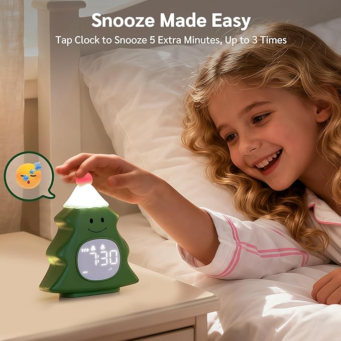 Yiliaw Kids Alarm Clock with Night Light, Christmas Tree Wake Up Clock, Rechargeable Cute Alarm Clock for Bedroom, for Boys and Girls, Green