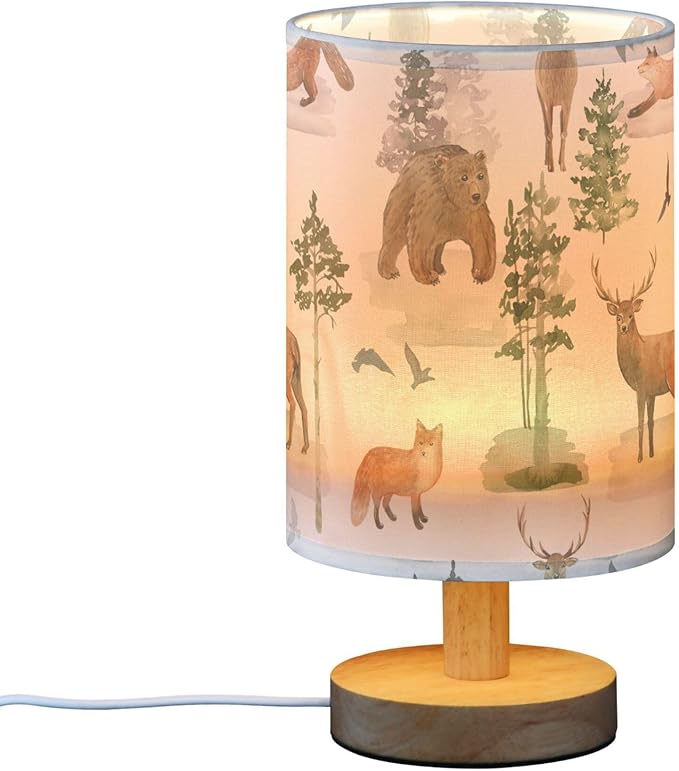 Table Lamp Watercolor Animal Forest Tree Deer Fox Bear Nightstand Lamp with Wood Base Fabric Lamp Shade Bedside Desk Lamp for Living Room Bedroom Kids Room Office
