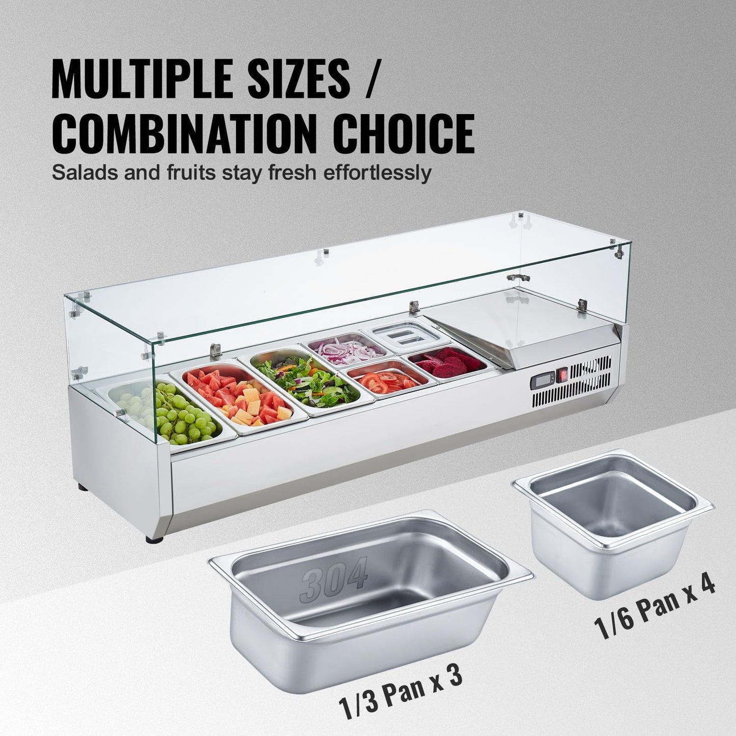 VEVOR Condiment Prep Rail Station, 140 W Countertop Refrigerated Condiment Station, with 3 1/3 4 1/6 Pans, 304 Stainless Body and PC Lid, Sandwich Prep Table with Glass Guard, ETL, Silver