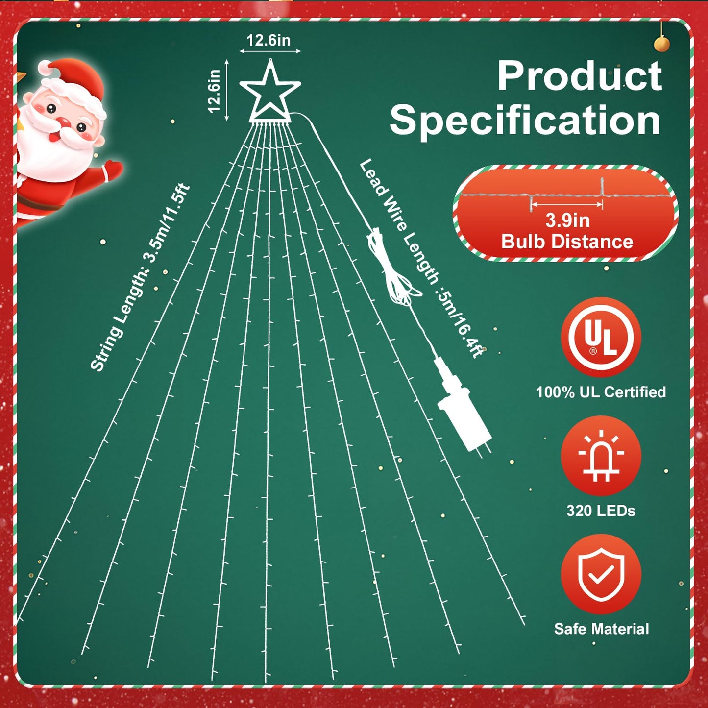 Cerflyer Outdoor Christmas Decorations String Lights  320 Led 11.5 Ft Waterfall Tree Lights With Star Topper 8 Lighting Modes Christmas Light For Indoor Outdoor Yard Home Festival Xmas New Year Decor