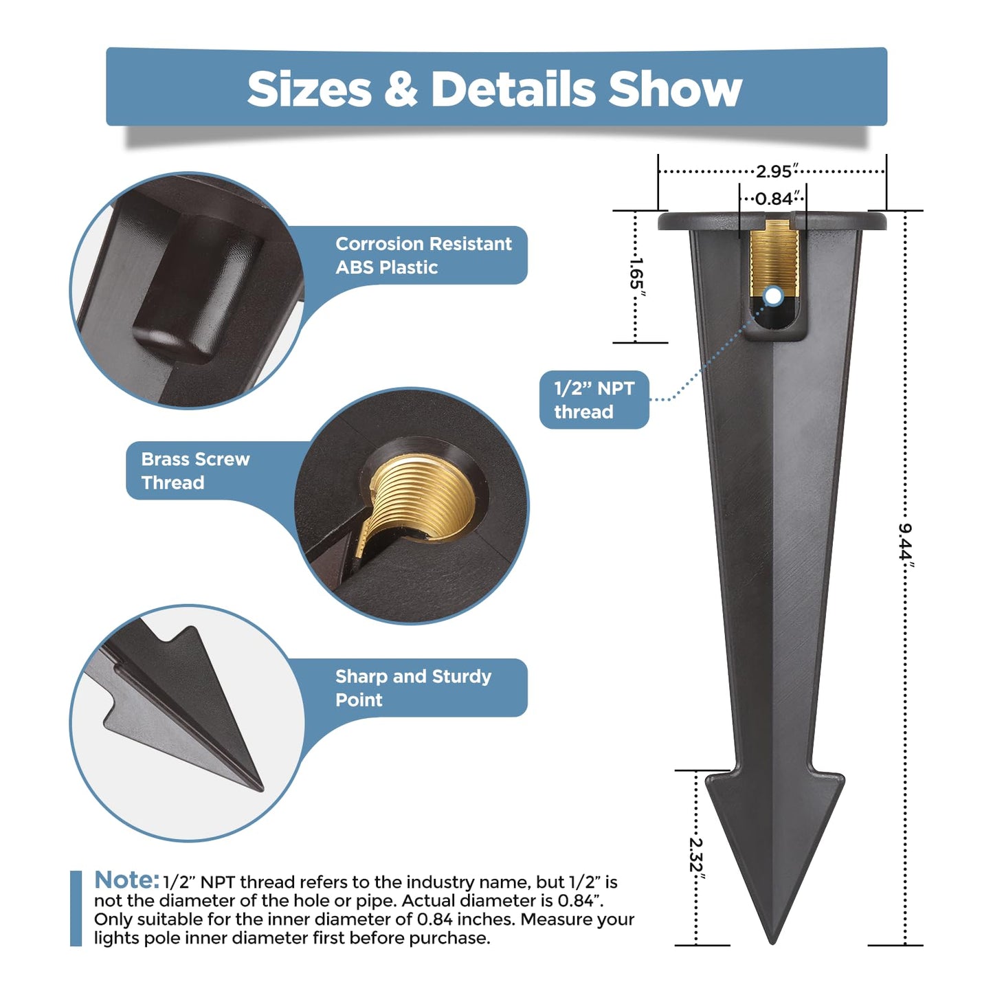 Gardencoin ABS Ground Spikes Stakes Replacement with Brass Insert, 1/2" NPT Thread Side Wire Way, Larger Size 9.44'' x 2.95'' for Landscape Path Lighting, Spotlight, Floodlight, 10 Pack