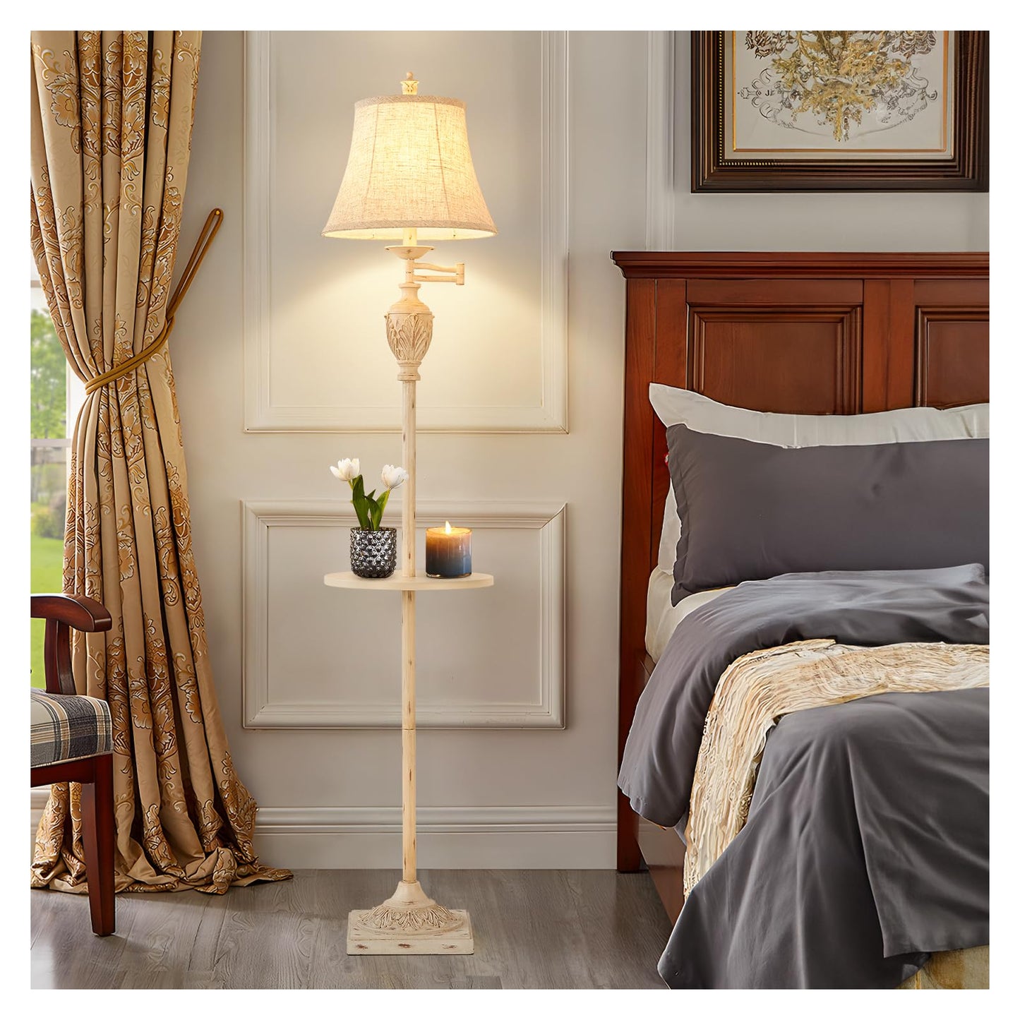 AIDENOEY Traditional LED Floor Lamp, Adjustable Swing Arm, Antique Black, Faux Silk Shade, Model HYFLOOR009, Size L