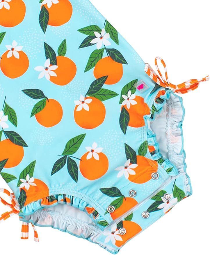 RuffleButts Baby Girls UPF 50+ Sun Protection Novelty Print Long Sleeve One Piece Rash Guard Swimsuit with Zipper