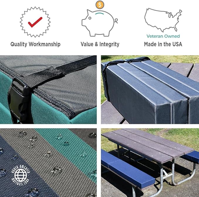 North American Mattress 8' Outdoor Picnic Bench Seat Cushion - 2 Piece Set; 96" (8ft) x 10" x 3"; Navy Blue - Folding & Easy to Carry