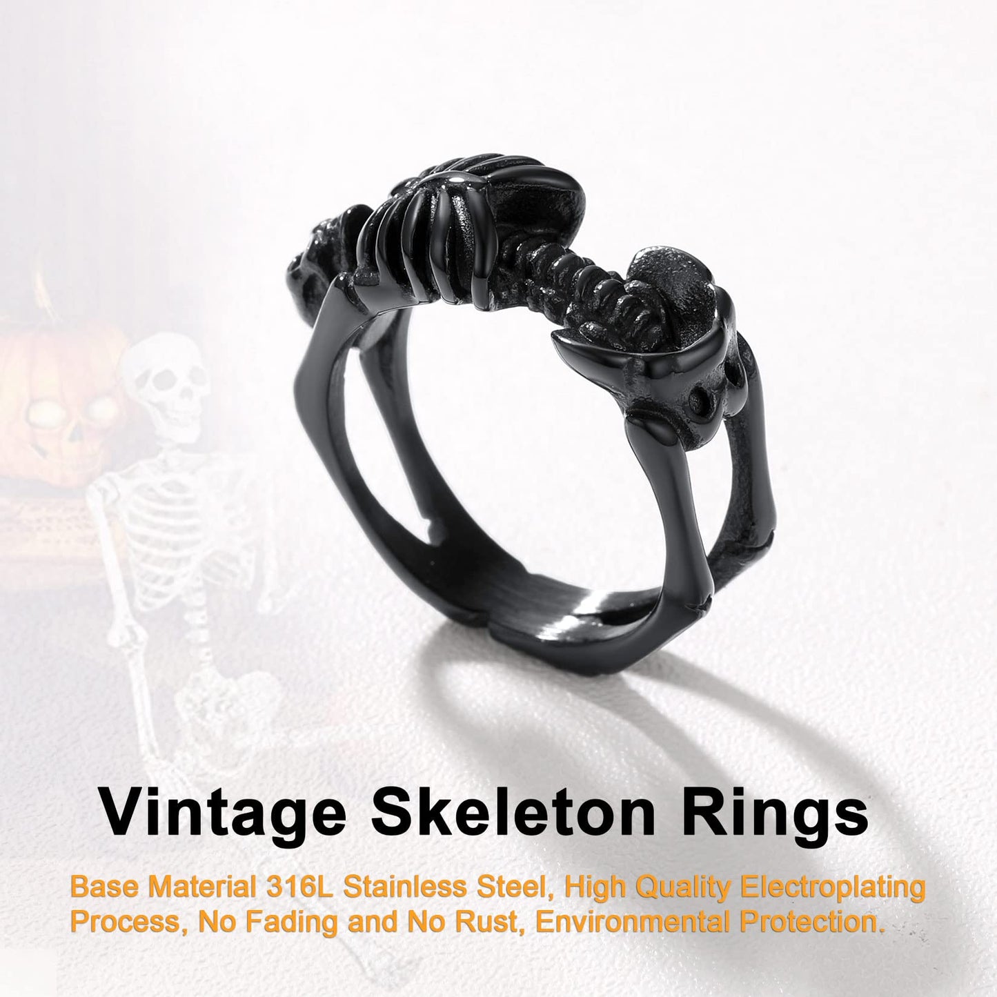 U7 Black Skull Rings for Men Gothic Punk Skeleton Jewelry 9mm Wide Vampire Party Halloween Ring Size 12