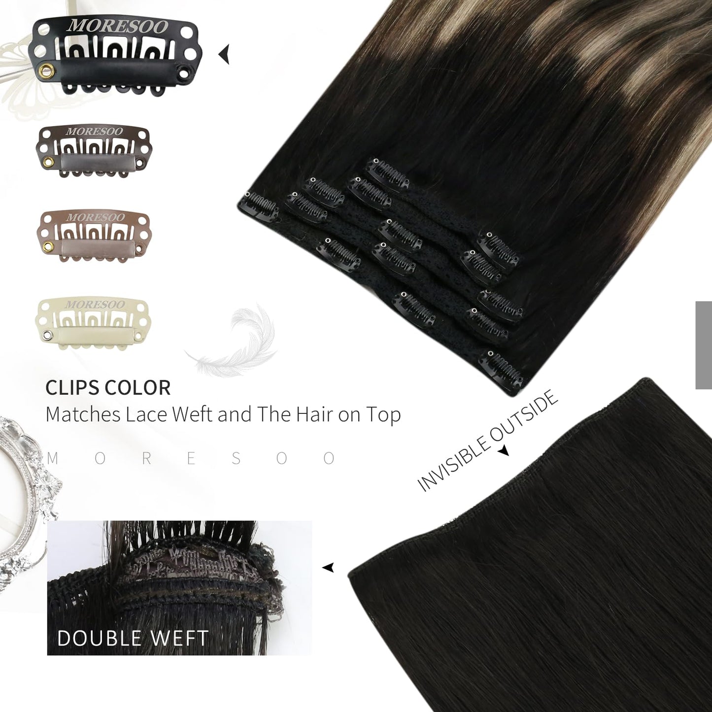 Moresoo Clip in Hair Extensions Real Human Hair Balayage Remy Human Hair Clip in Extensions Ombre Black to Brown with Caramel Bl