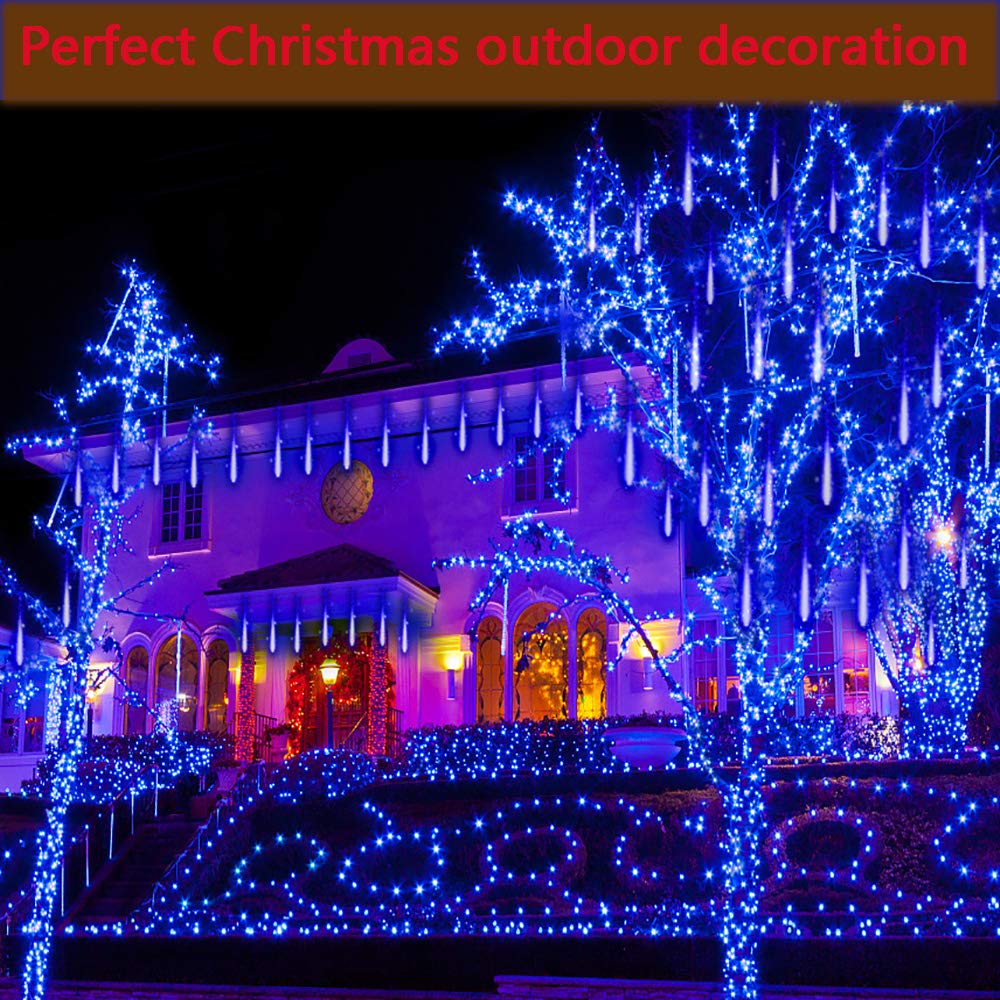Kwaiffeo Blue Icicle Christmas Lights Outdoor  16 Tubes(Equivalent To 2 Sets Of 8-Tubes) Led Meteor Shower Lights For Xmas Halloween Decor Yard Lawn  Outdoor Lighted Christmas-Themed Ornaments