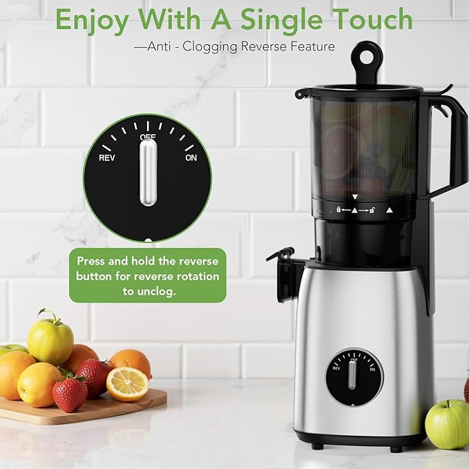 Cold Press Juicer 5.4 Inch Wide Feed Chute, Juicer Machines For Whole Fruits & Vegetables, Slow Masticating Juice Extractor, High Juice Yield Juice Maker