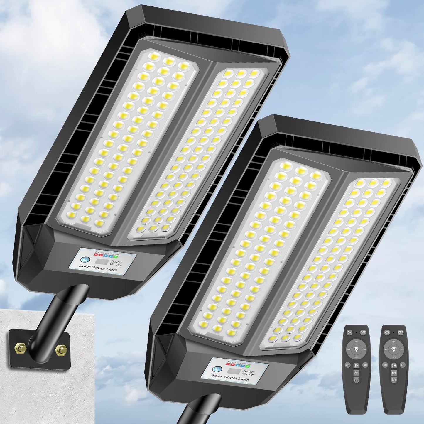 Adewalk Solar Street Lights, 5000W, 7000K LED, Motion Sensor, Remote Control, IP66 Waterproof, 2 Pack, Black, Model TW104
