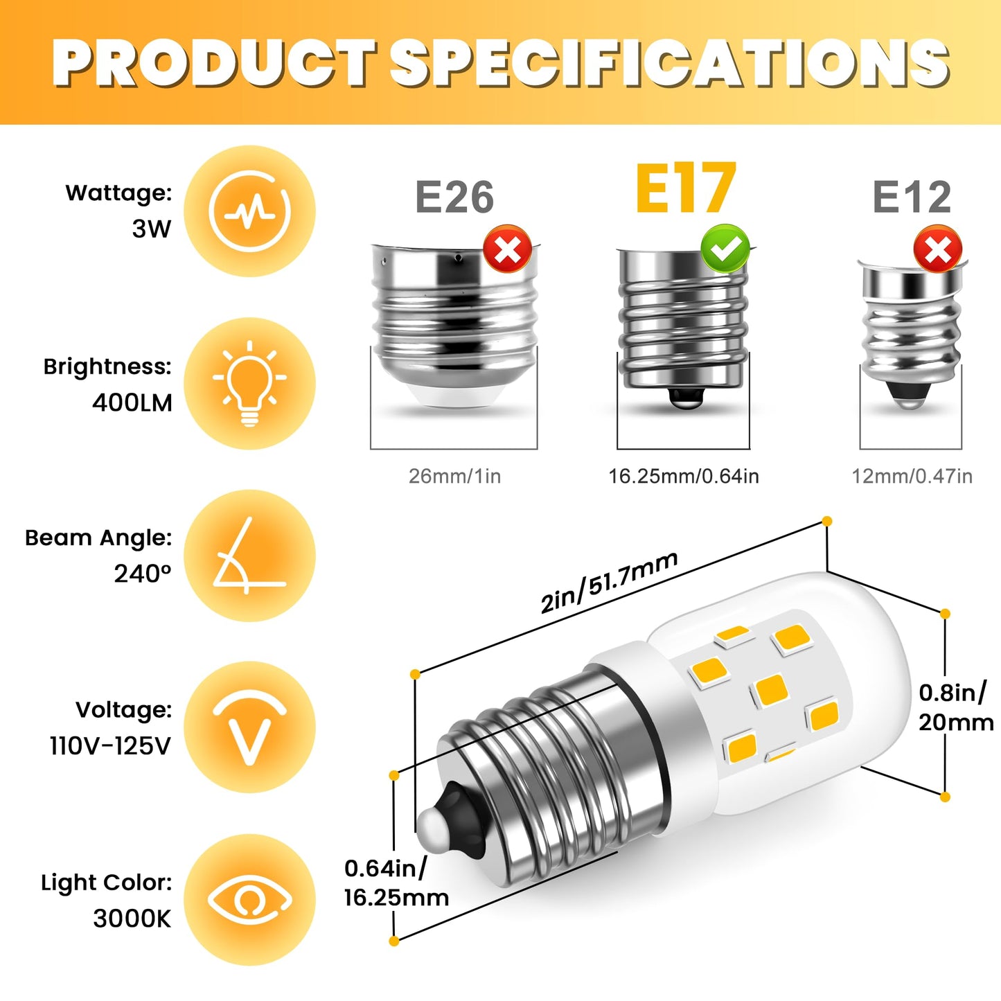 AMI PARTS E17 LED Light Bulb 3W 380LM 3000K Daylight Warm 2 Pack - Yellow