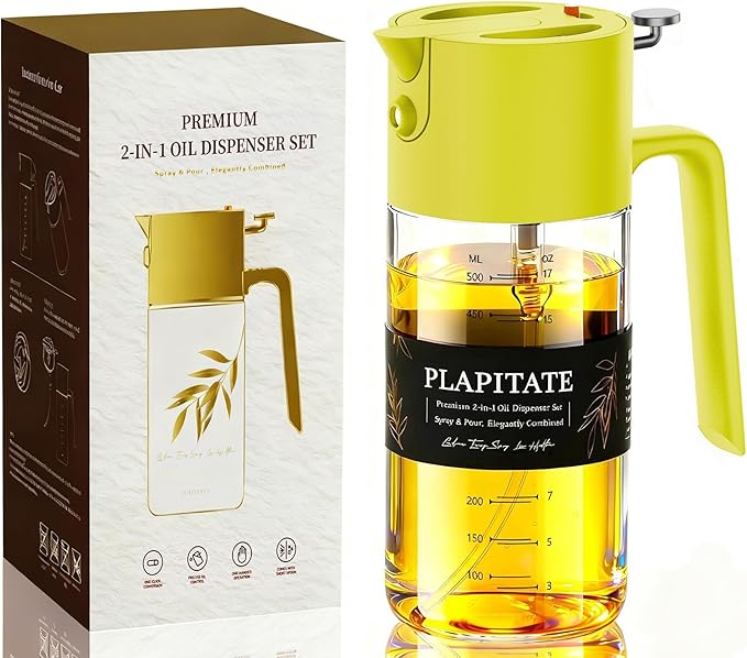17oz/500ml Premium Olive Oil Sprayer for Cooking, 2 in 1 Glass Olive Oil Dispenser Bottle for Kitchen Gadgets, Spray Bottle with Portion Control for Salad, Frying, BBQ (Lime Yellow)