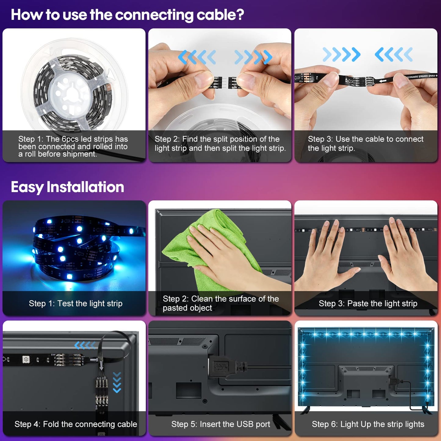 Houhui Led Strip Lights, 10Ft Rgb Tv Backlight, 6 Pre-Cut 1.64Ft, App & Remote Control, Music Sync, Usb Bias Lighting For Bedroom & Cabinet