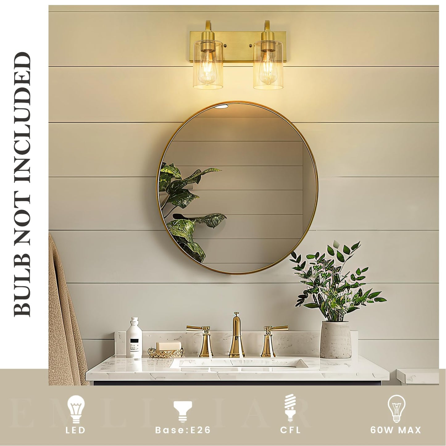 Emliviar 2-Light Brushed Gold Vanity Light  Modern Farmhouse Bathroom Light Fixture  Indoor Wall Sconce Lighting For Bedroom Entryway  Yce237B-2W Bg