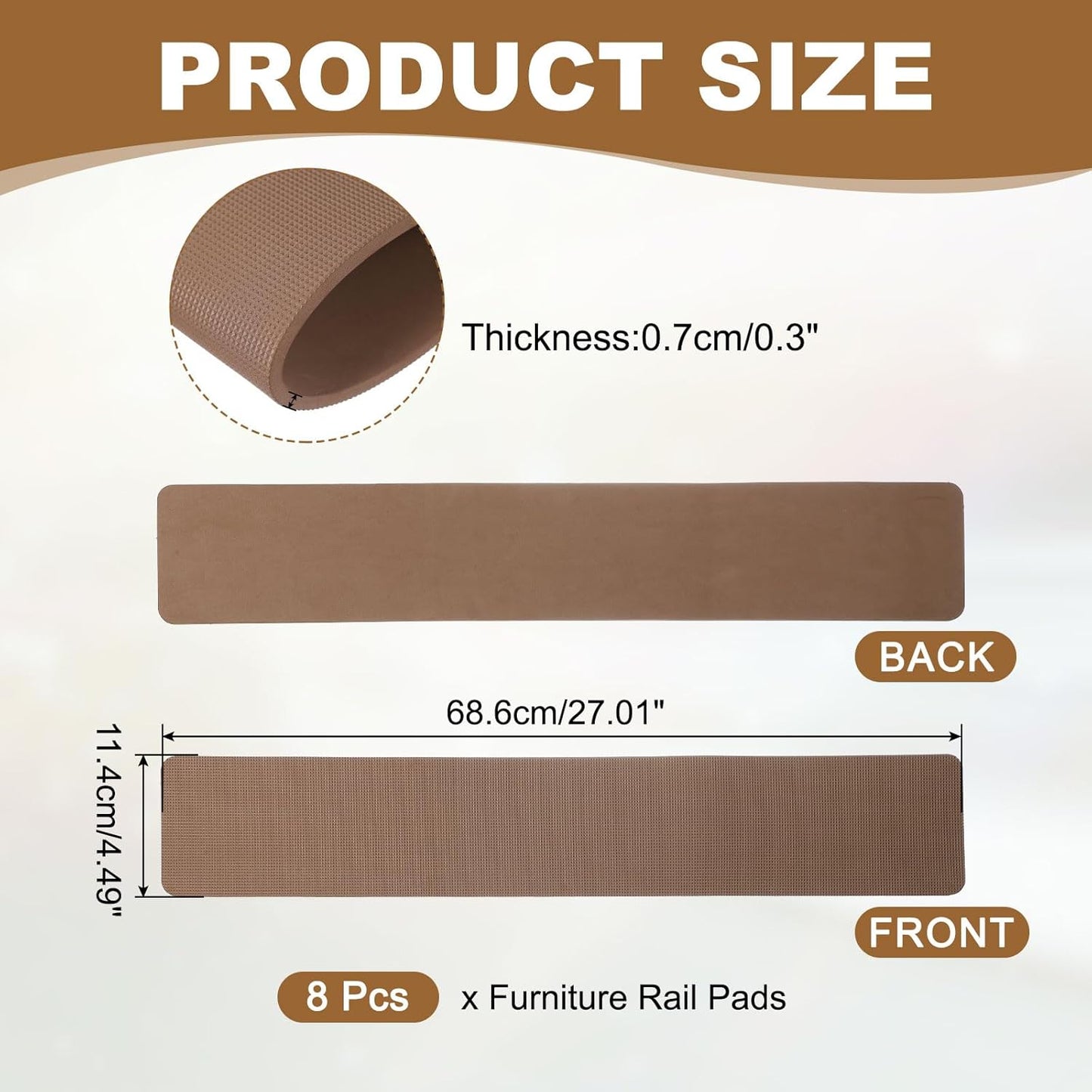 PATIKIL Rectangle Corner Anti-Slip Furniture Rail Pads 27x4x3, 8 Pcs Non-Skid Rubber Furniture Pads for Hardwood Floors Protector Grippers Pads Recliners Sofa Couches, Brown