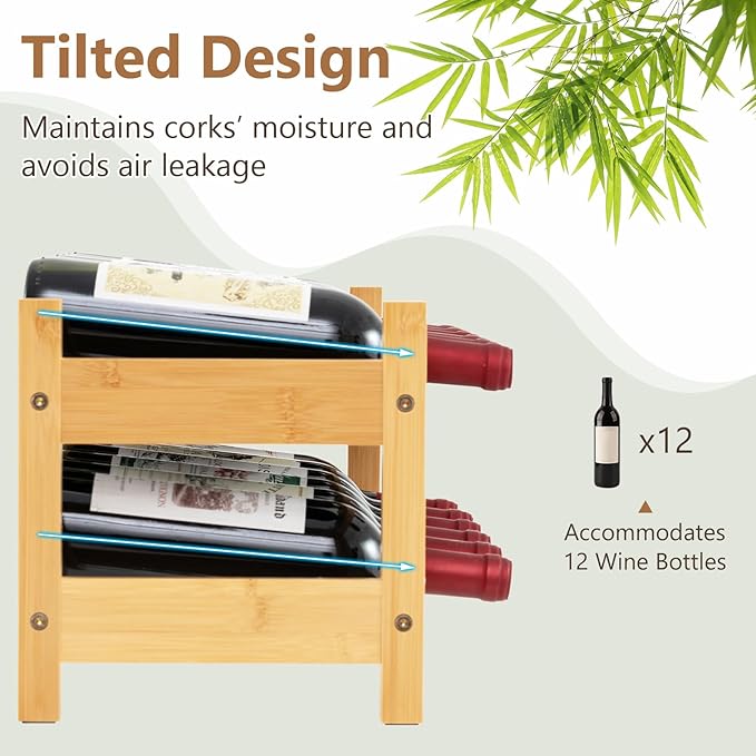 Giantex Bamboo Wine Rack, 2 Tier 12 Bottle Wine Storage Cabinet Shelf, Small Wine Rack Bottle Organizer Freestanding Counter, Countertop Wine Racks for Kitchen, Bar, Pantry & Wine Cellar, Natural