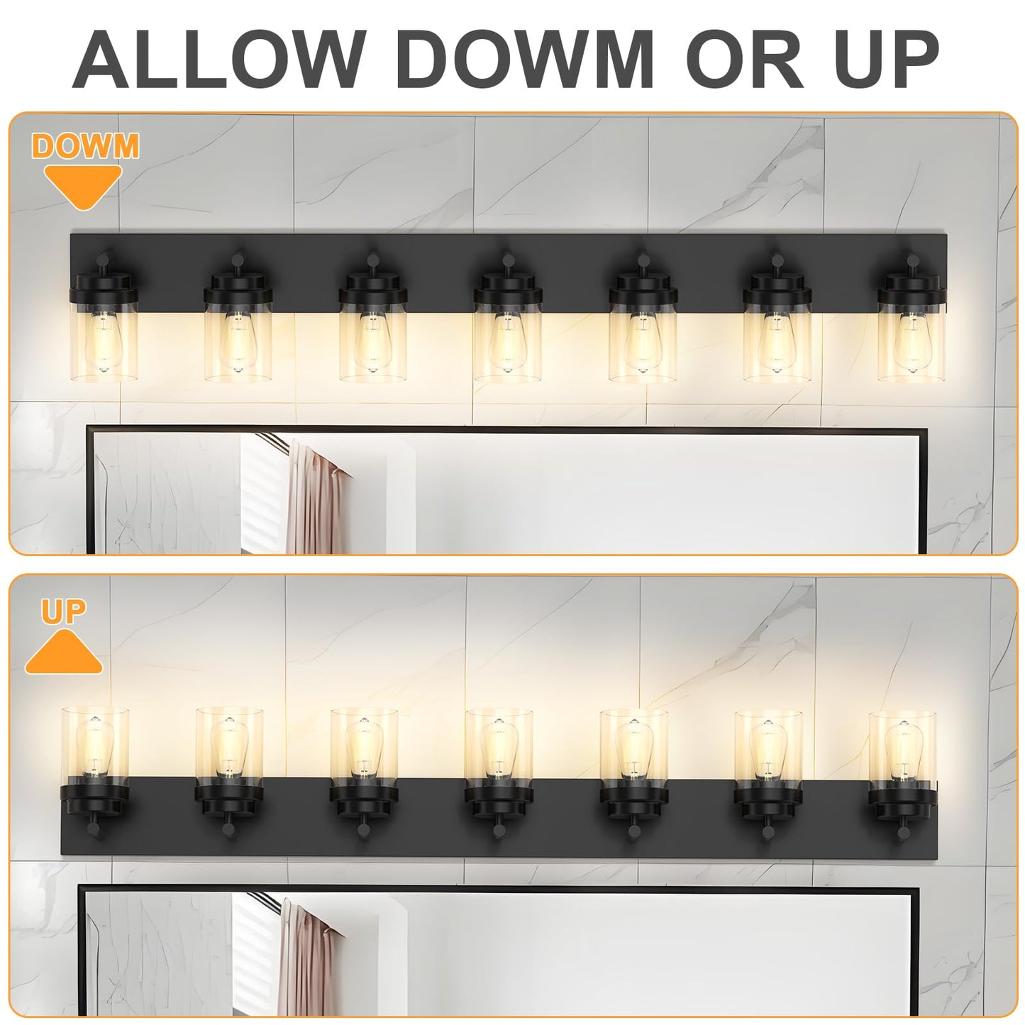 Izorro Bathroom Vanity Light Fixture  7-Light 51 Inch Matte Black Bathroom Light Fixtures Over Mirror  With Clear Glass Shade  Modern Farmhouse Vanity Lights  Rustic Restroom Lighting Fixtures