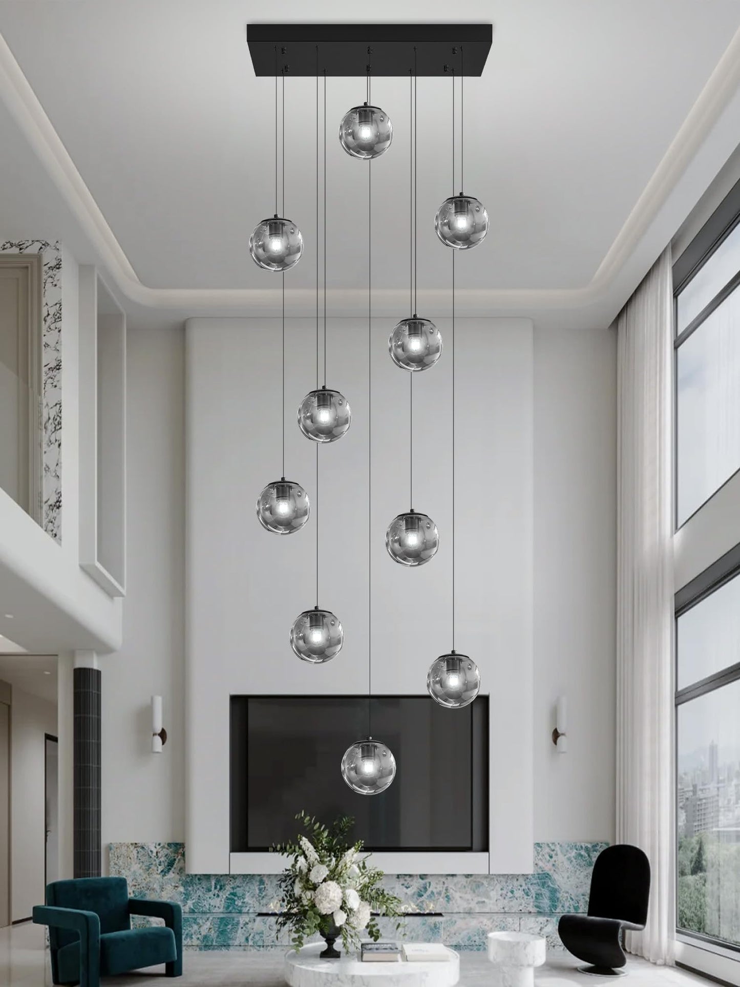 Ykolupty Rectangular Chandelier Smoke Gray Chandelier For Dining Room Large Chandeliers For High Ceiling 10-Lights Entryway Modern Lighting Fixture Globe Pendant Light For Living Room Foyer Hallway