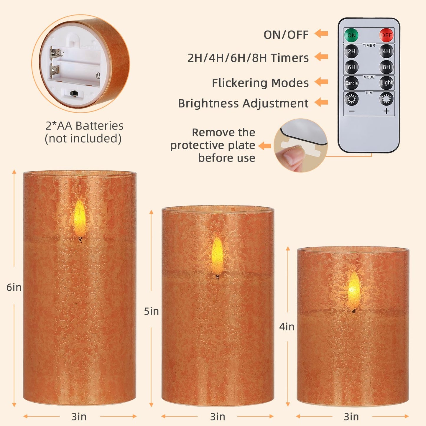 SNUGBLAKI Flameless Candles with Remote, 3D Wick Realistic LED Candles Flickering, Real Wax in Glass Orange Fake Candles for Wedding Party Festival Home Decor Gifts