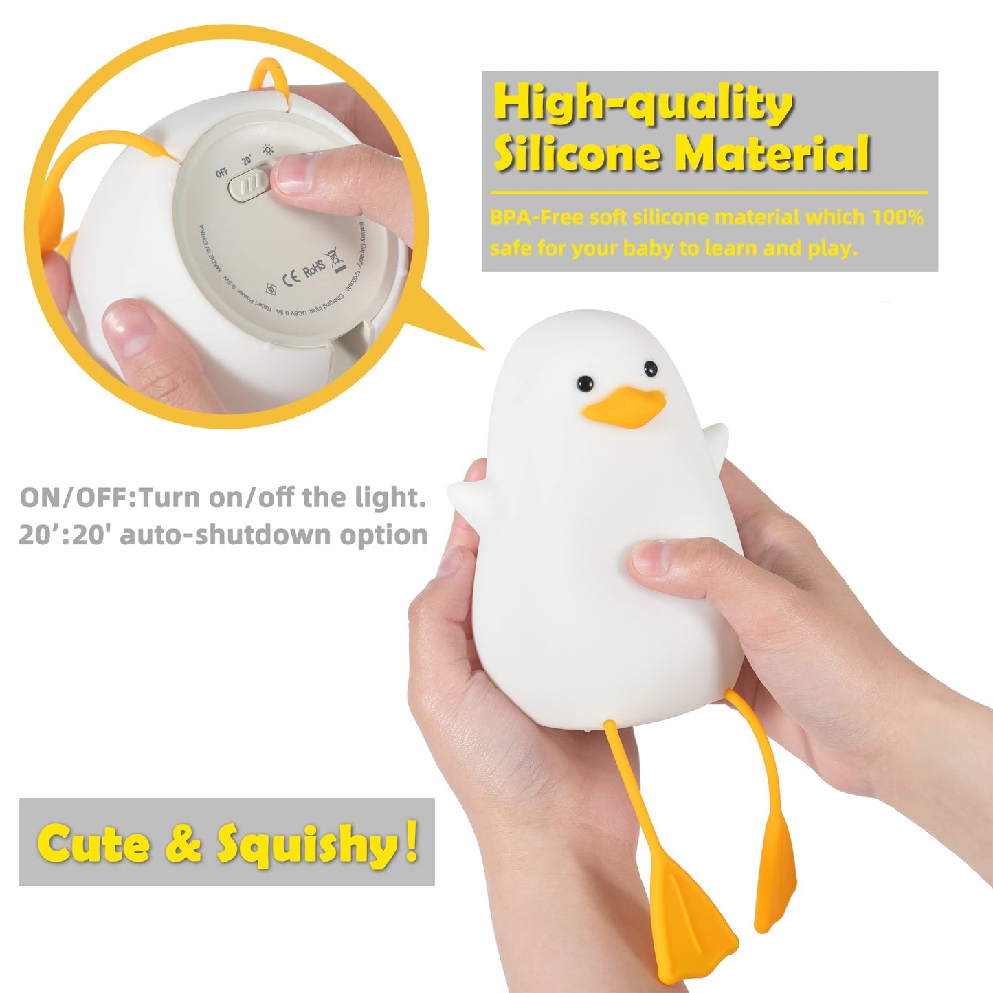 Lampeez Cute Duck Night Light Baby Nursery Lamp Gifts For Kids Bedside Led Light Timer Setting Dimming Table Lamp Usb Charging Nursing/Breastfeeding Safety Abs + Silicon Birth Celebration