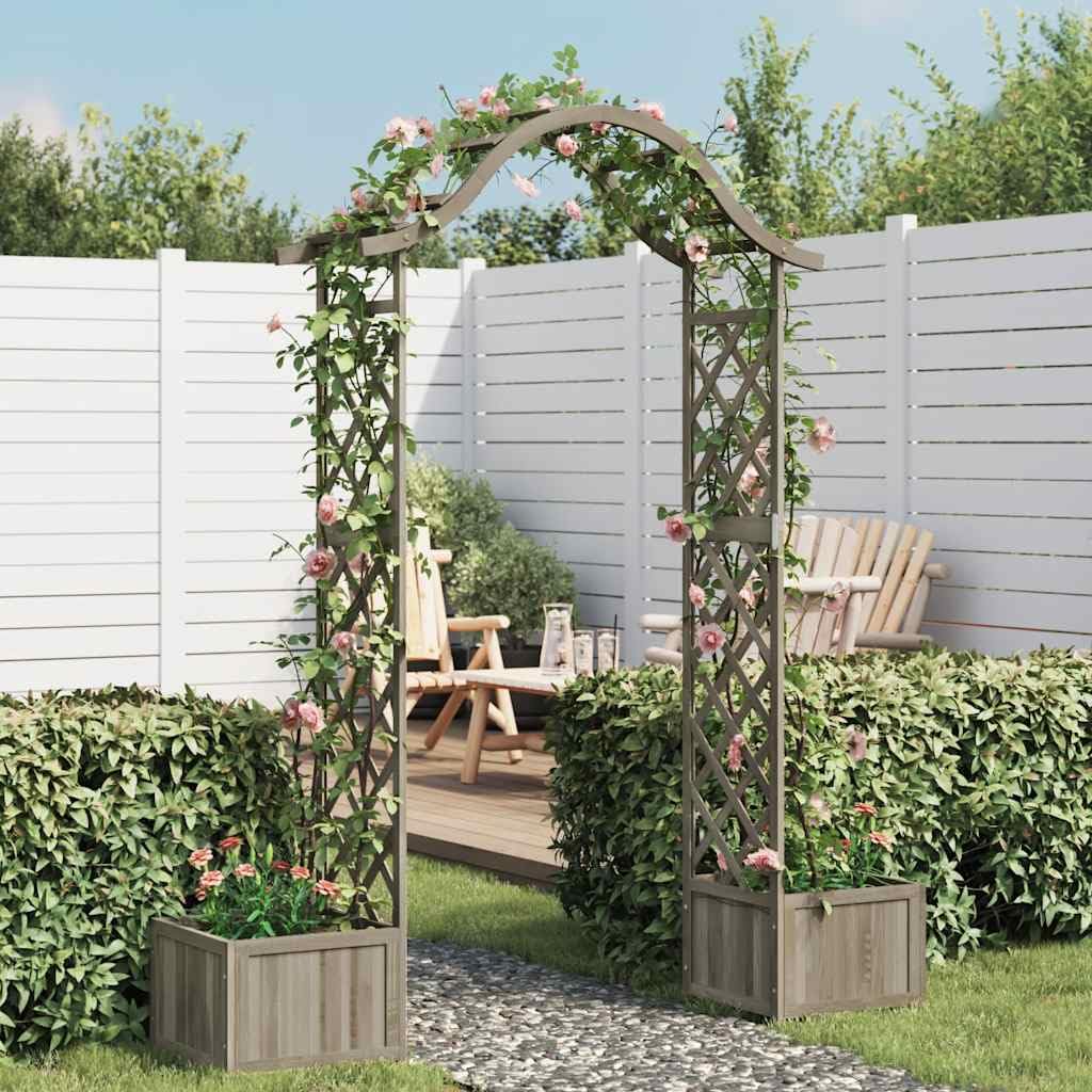 Wooden Garden Arch with Planter Box, Large Grey Firwood Pergola for Climbing Plants, Decorative Entryway for Backyard, Patio, and Lawn Decor