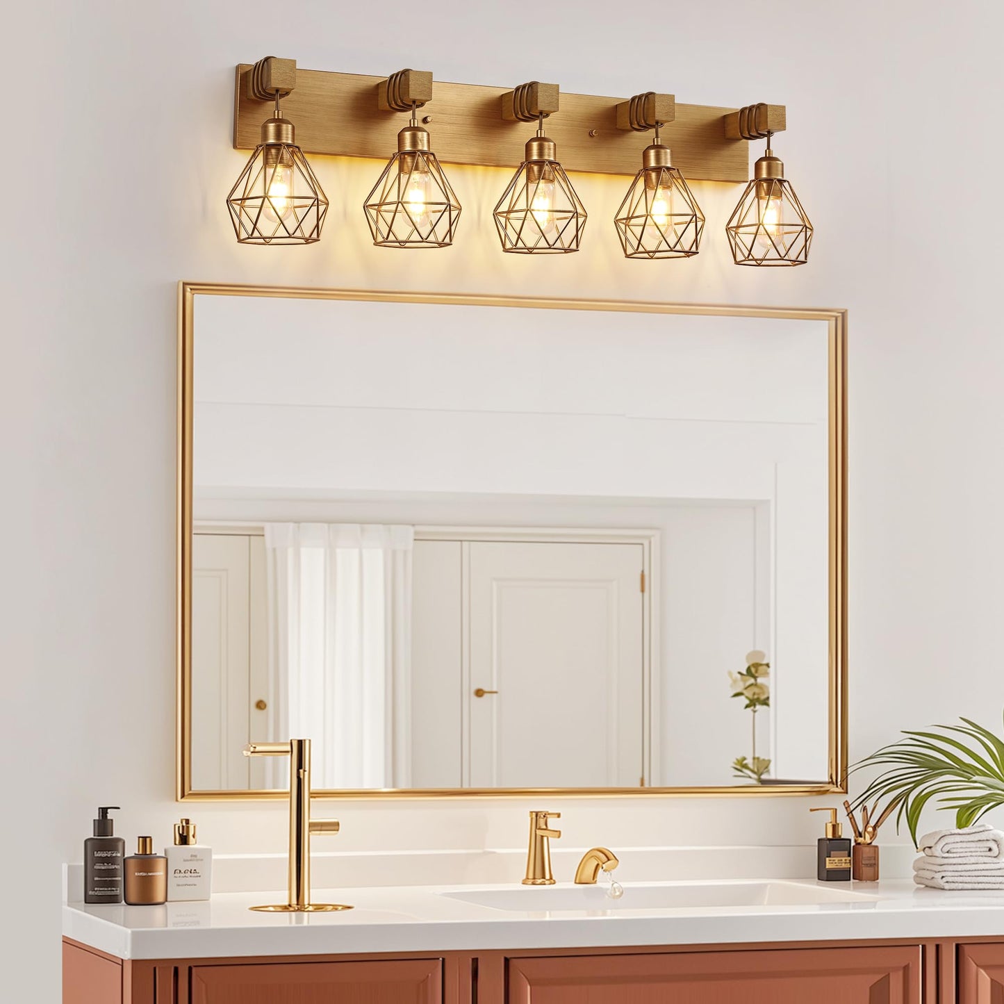 Bathroom Gold Vanity Light Fixtures  5-Light Gold Bathroom Light Fixtures Over Mirror  Sconces Wall Lighting With Elegant Metal Lampshade For Living Room  Bedroom  Hallway
