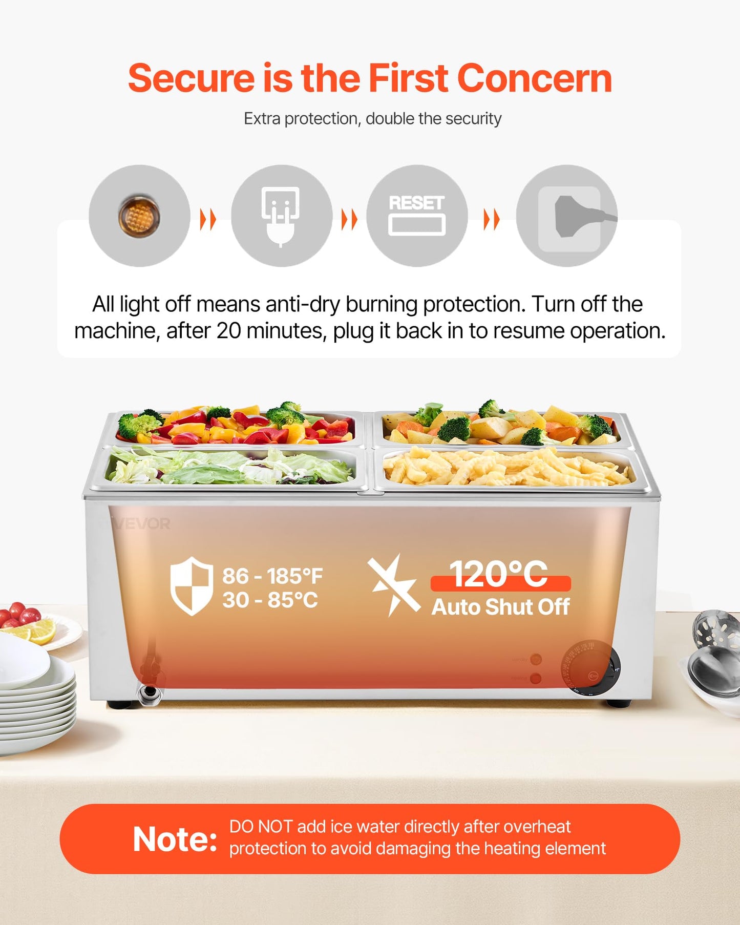 VEVOR 4-Pan Commercial Food Warmer, 24QT Electric Steam Table, 1200W Professional Countertop Stainless Steel Buffet Bain Marie with 86-185°F Temp Control for Catering and Restaurants, Silver
