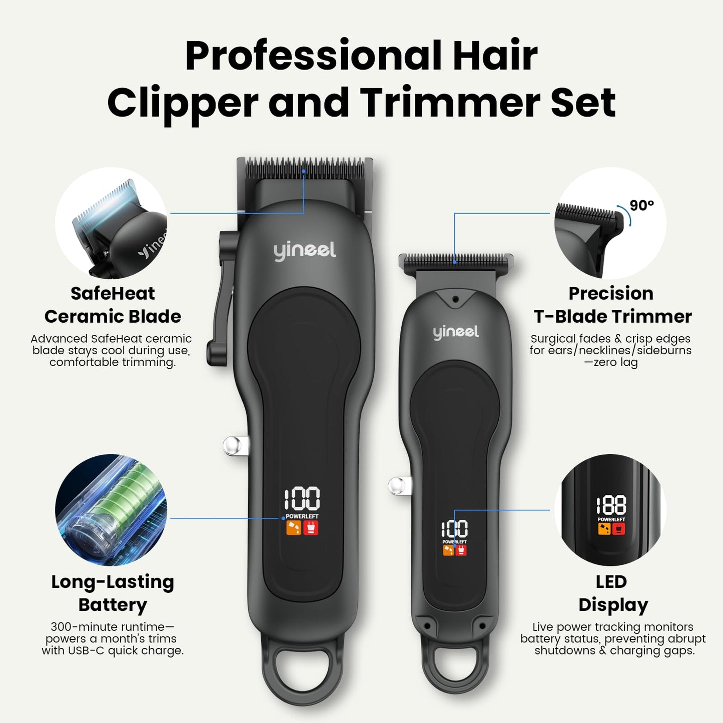 Yineel Hair Clippers for Men, Professional Cordless Clippers & Trimmer Set, Super Quiet, Clippers for Hair Cutting Kit with LED