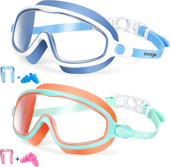 Seago kids Swim Goggles 2 Pack No Leaking Anti-Fog Outer Eye Fit with Wide View UV Protection Crystal Clear Watertight Swi...