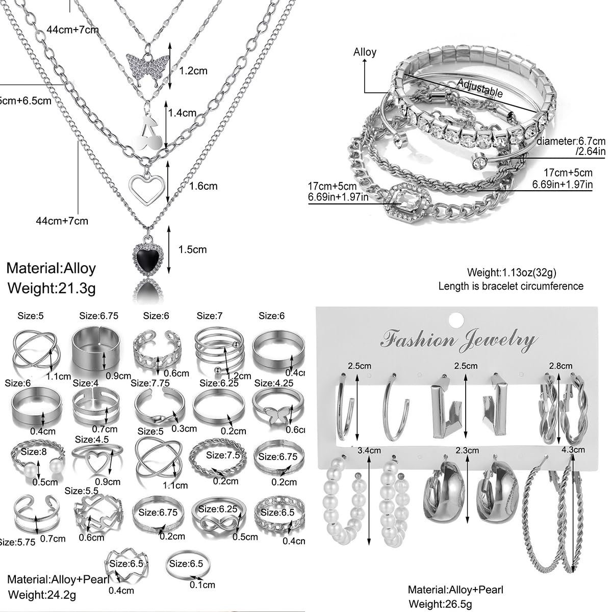 IFNODO 92 PCS Silver Plated Jewelry Set with 8 PCS Necklace, 19 PCS Bracelet, 44 PCS Stud Hoop Earring, 21 Pcs Knuckle Rings for Women Valentine Anniversary Friendship Gift