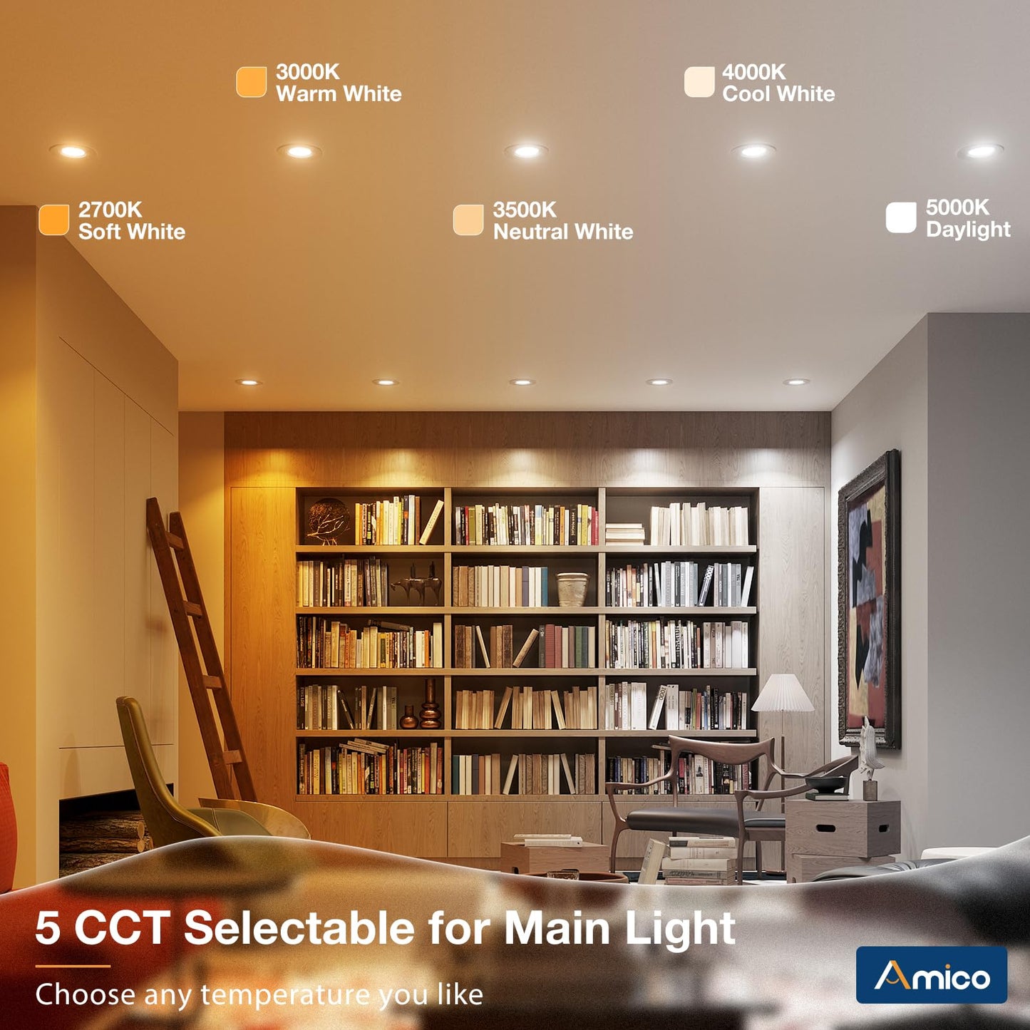 Amico 12 Pack 4 inch 5CCT LED Recessed Lighting with Night Light, 8W=60W, 700LM Can Lights with Baffle Trim, Dimmable, Retrofit Downlight, 2700K/3000K/3500K/4000K/5000K Selectable - ETL & FCC