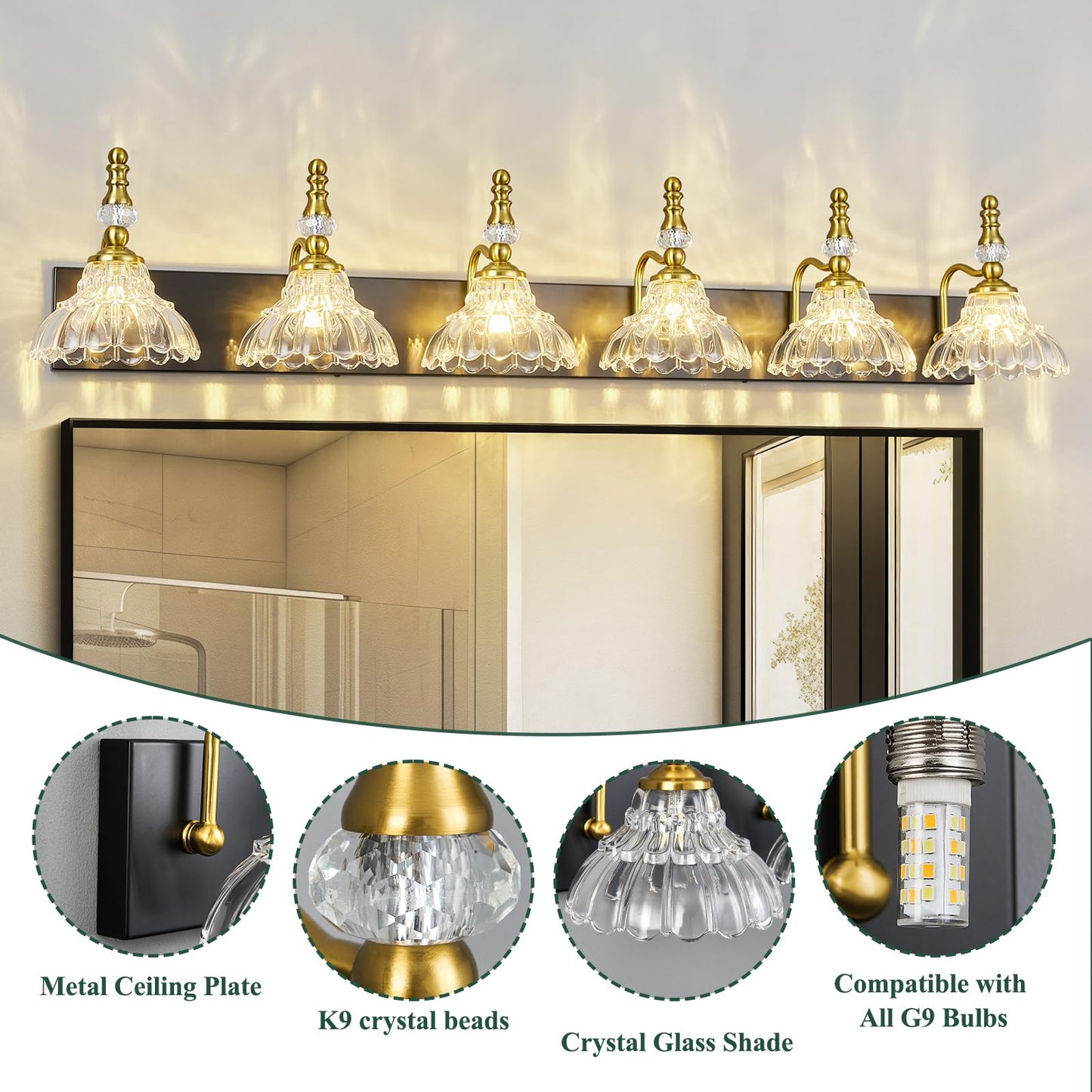 Lbsqj Vintage Bathroom Vanity Light  6-Light Black Gold Vanity Lighting Fixture With Flower Glass Shade  Bathroom Lighting Fixtures Over Mirror