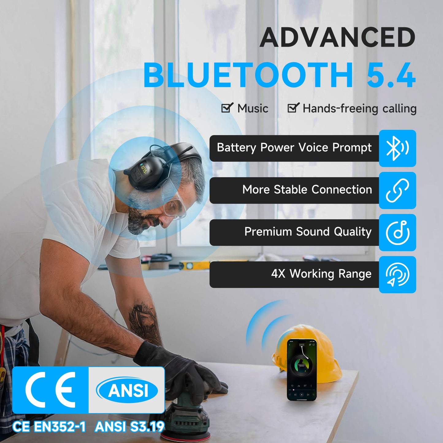 Kalence Bluetooth AM/FM Radio Headphones+Bluetooth 5.4 Hearing Protection Headphones, Black+Black