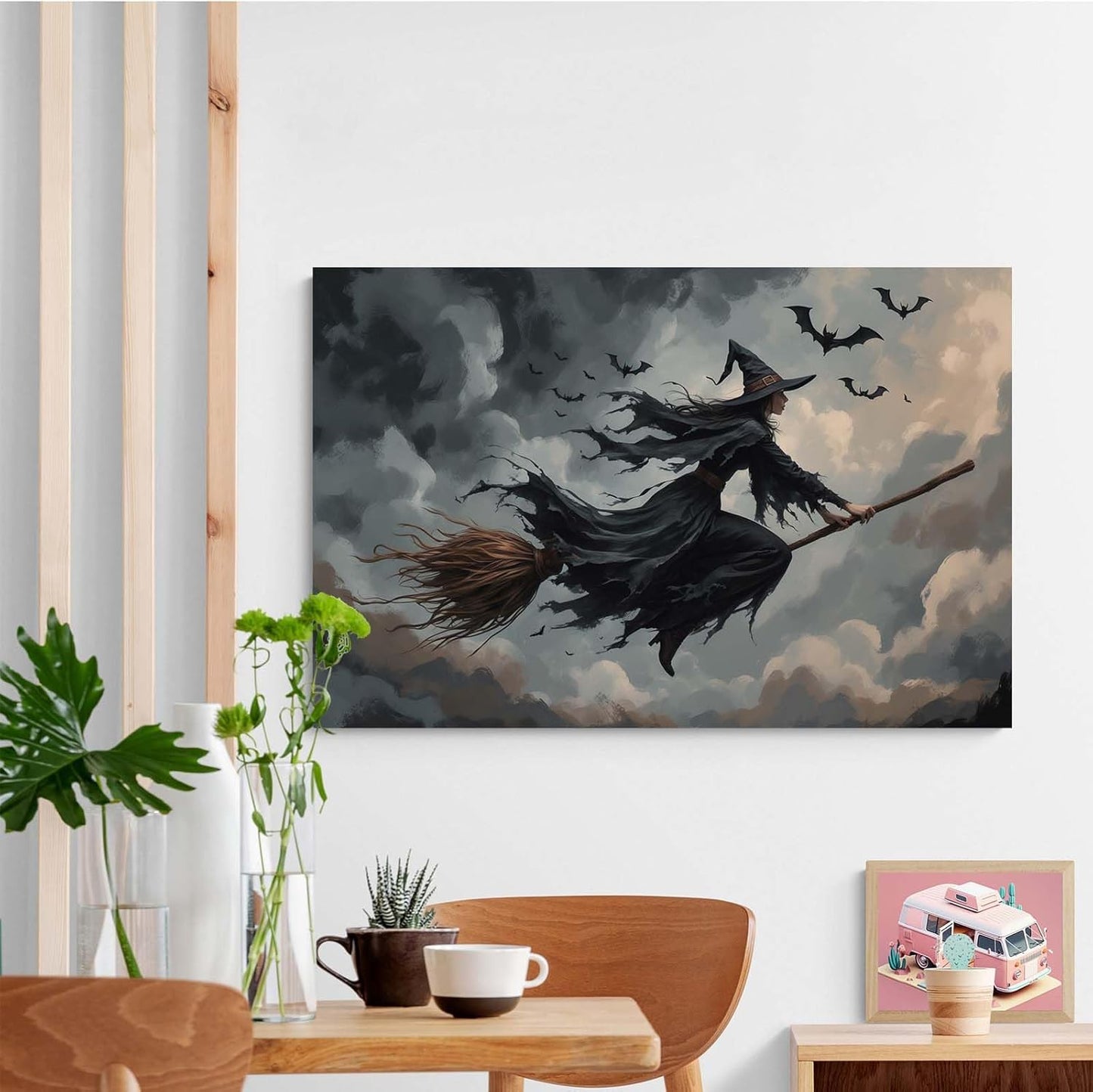 Witch and bat flying Halloween poster suitable for home party wall decoration retro Halloween preppy style wall art canvas print suitable for room decoration24x36in Wood Framed