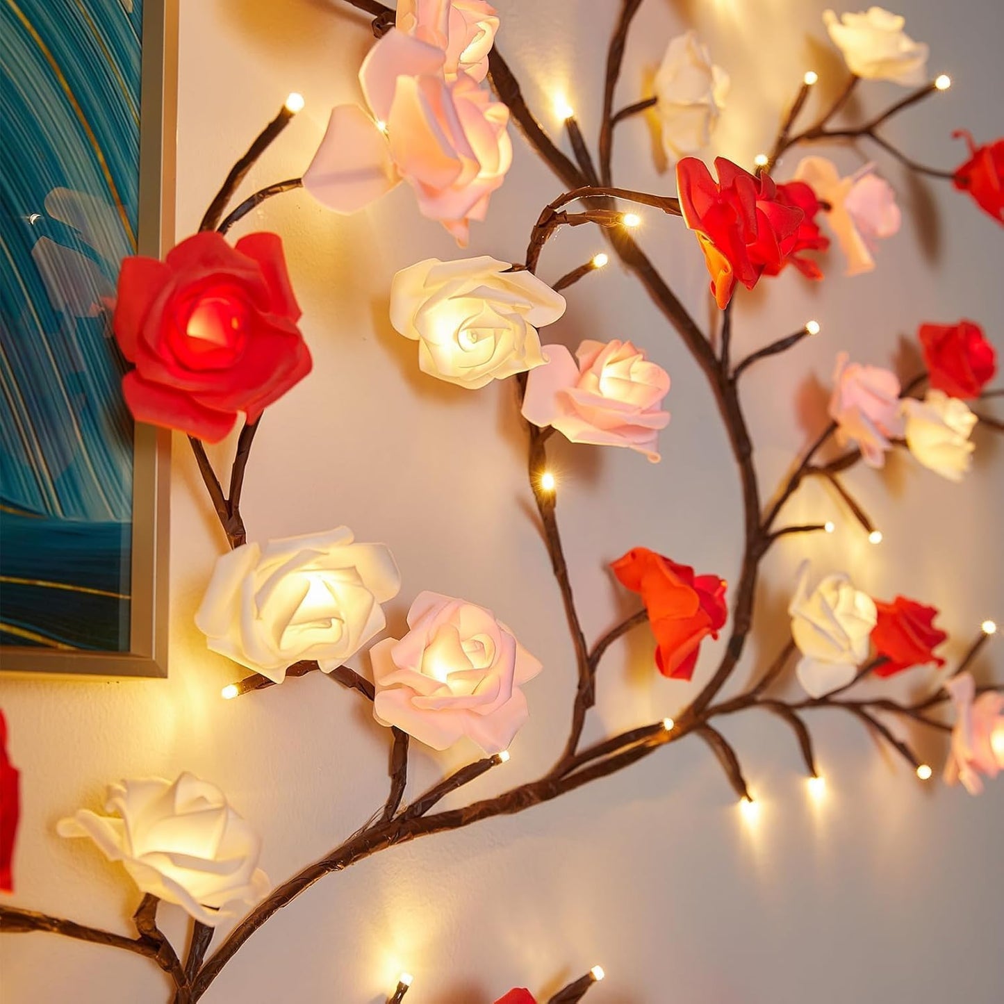 Rose Led Tree Branch Lights For Wall  Rose Flower Willow Vine Twig Decor Garland With 144 Led Lights And Remote 8 Lighting Modes Christmas Decorations Indoor For Home Wall Door Window (90Inch)