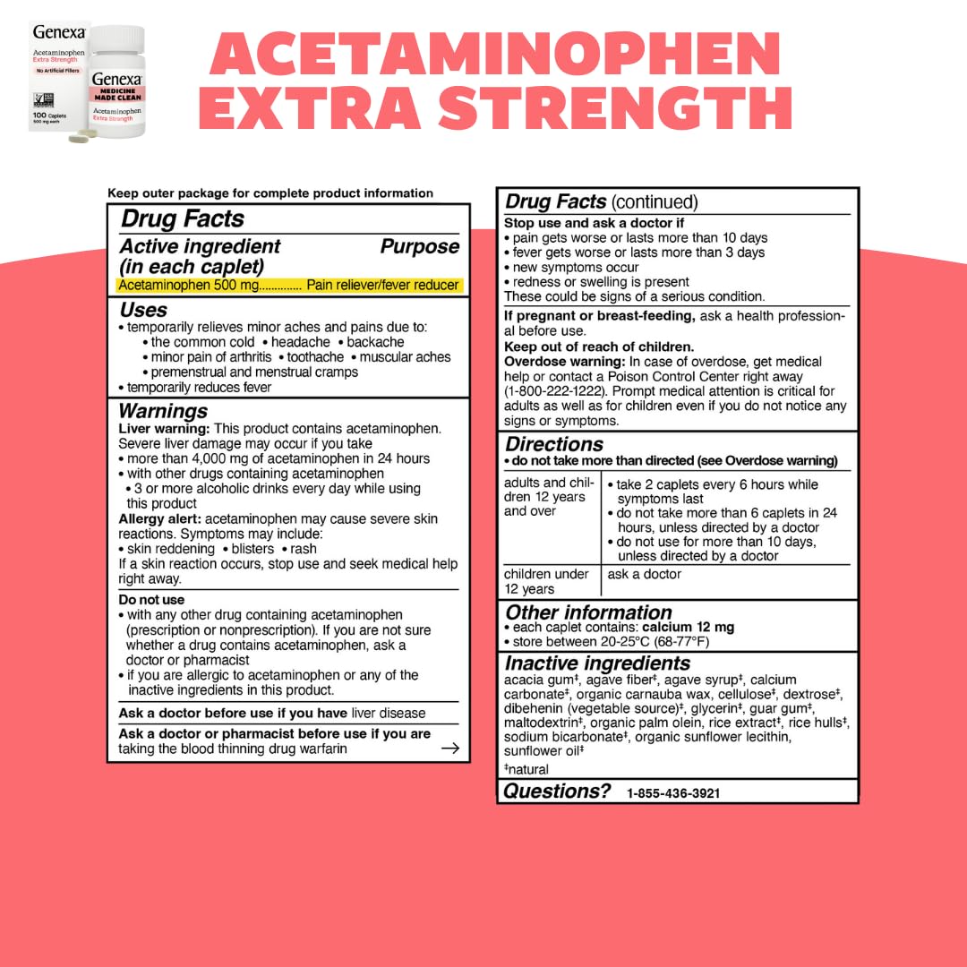 Genexa Adult Clean Acetaminophen & Antacid Combo | Headache & Heartburn Relief Bundle | Dye Free, 0% Artificial Additives | Vegan & Non-GMO | Medicine Made Clean | Ages 12+ (2 Pack)