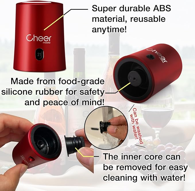 CheerModa Vacuum Wine Stopper with Date Display – 7‑Day Wine Preservation Stopper, Silicone Wine Cap & ABS, French Design, 4 Colors (Blue-JS15-FBA)