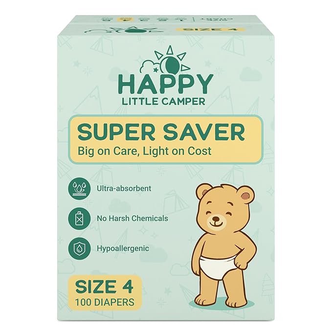 Happy Little Camper Super Saver Diapers, Size 4, 100 Count | Budget-Friendly Disposable Baby Diapers for Sensitive Skin | Hypoallergenic, Fragrance-Free, Ultra Absorbent