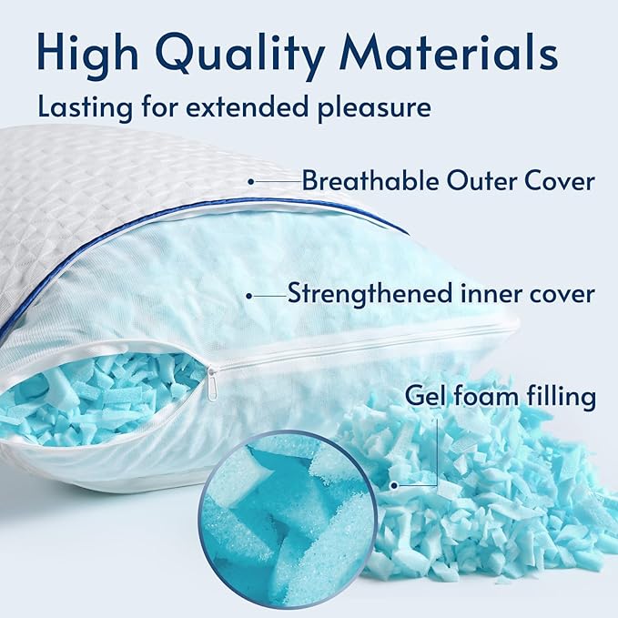 viewstar Queen Pillow Shredded Memory Foam Pillow, Adjustable Single Firm Pillow for Side Back Stomach Sleepers, Gel Bed Pillow for Sleeping with Washable Removable Cover 19"x 28"