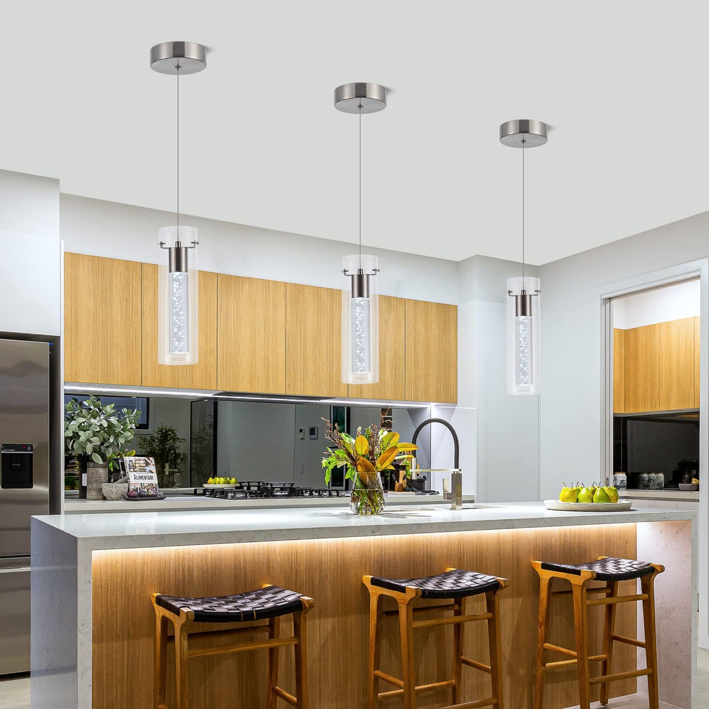 Bestwest 3 Pack Pendant Lights, Brushed Nickel, 24W 2100 Lumen, 6000K For Kitchen Island, Dining Room, Living Room