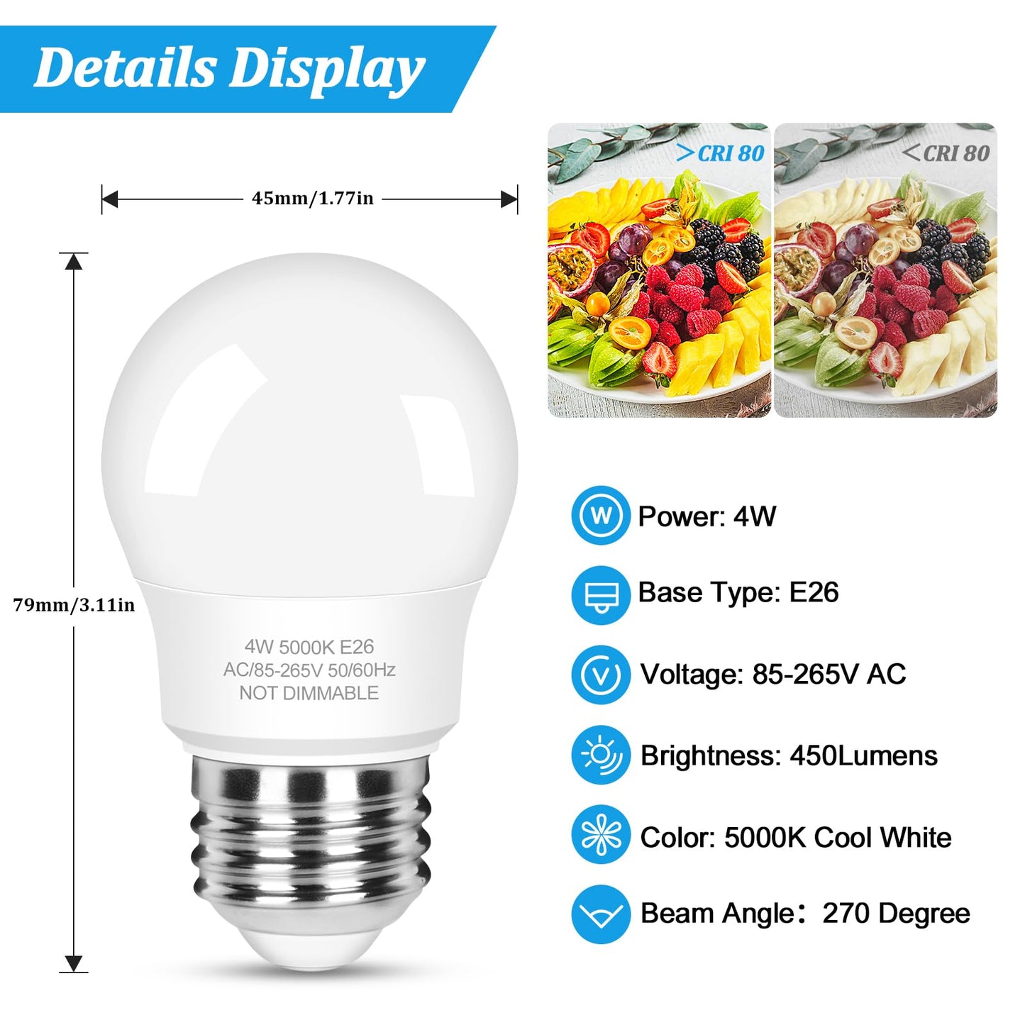 3-Pack A15 Refrigerator Light Bulb 40W Equivalent  120V Fridge Waterproof Led Bulbs 4W Daylight White 5000K  E26 Base Freezer Home Lighting  Non-Dimmable