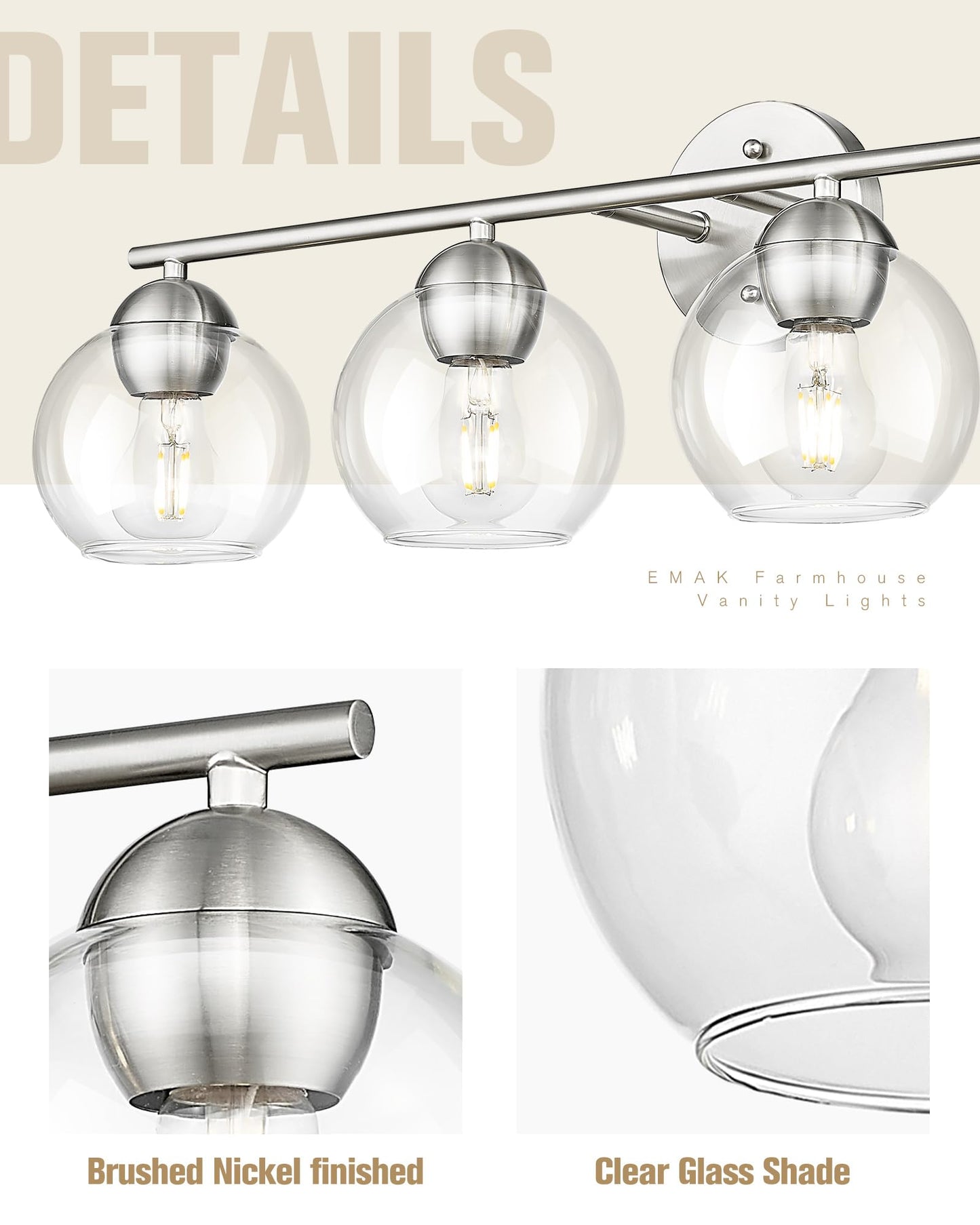 Emak Mak 4-Light Bathroom Vanity Light  29 Inch Brushed Nickel Bathroom Light  Globe Vanity Lighting With Clear Glass Shade For Bath  Vl114-Bn-4