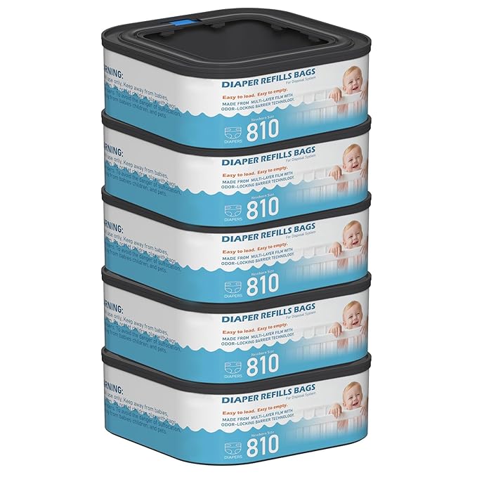 Jumbo Square Refills Disposal Bags Refill Compatible with Diaper Genie Compact and Select Pails (Not Fit Classic Version Pails), Hold Up to 810 Newborn-Sized Diapers Per Refill, Pack of 5