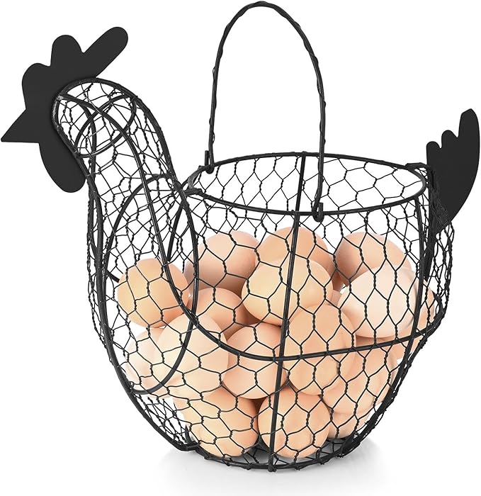 Flexzion Chicken Egg Basket for Collecting Eggs, Small Wire Egg Collecting Basket with Handle for Eggs, Fruits, Vegetables, Farmhouse Rustic Style Chicken Basket Decor for Kitchen Countertop, Brown