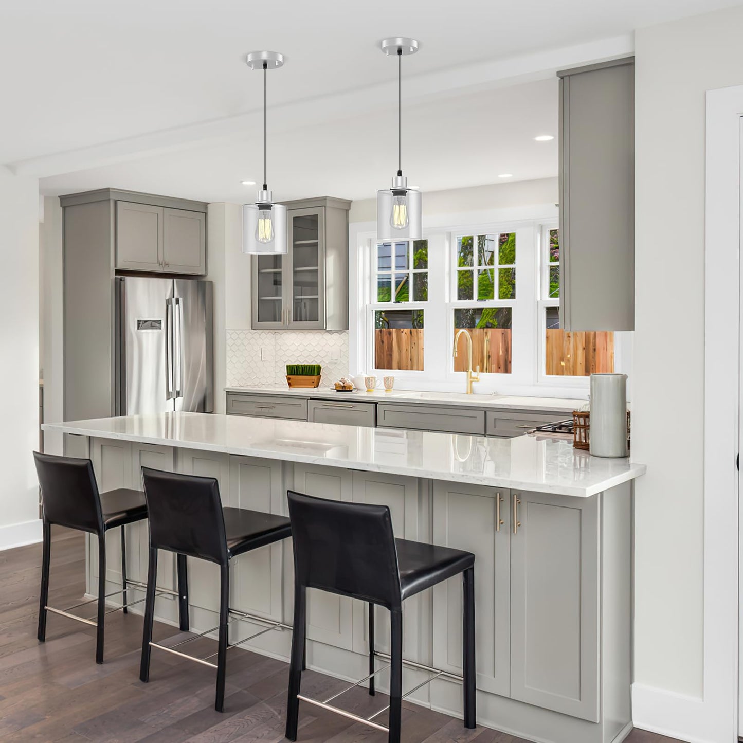 Pendant Light Kitchen Island Lighting 2 Pcs  With Bulb & Clear Glass Shade - 59 Inch Hanging Cord Farmhouse Hanging Lighting Fixture For Dining Room Bedroom Hallway - Brushed Nickel